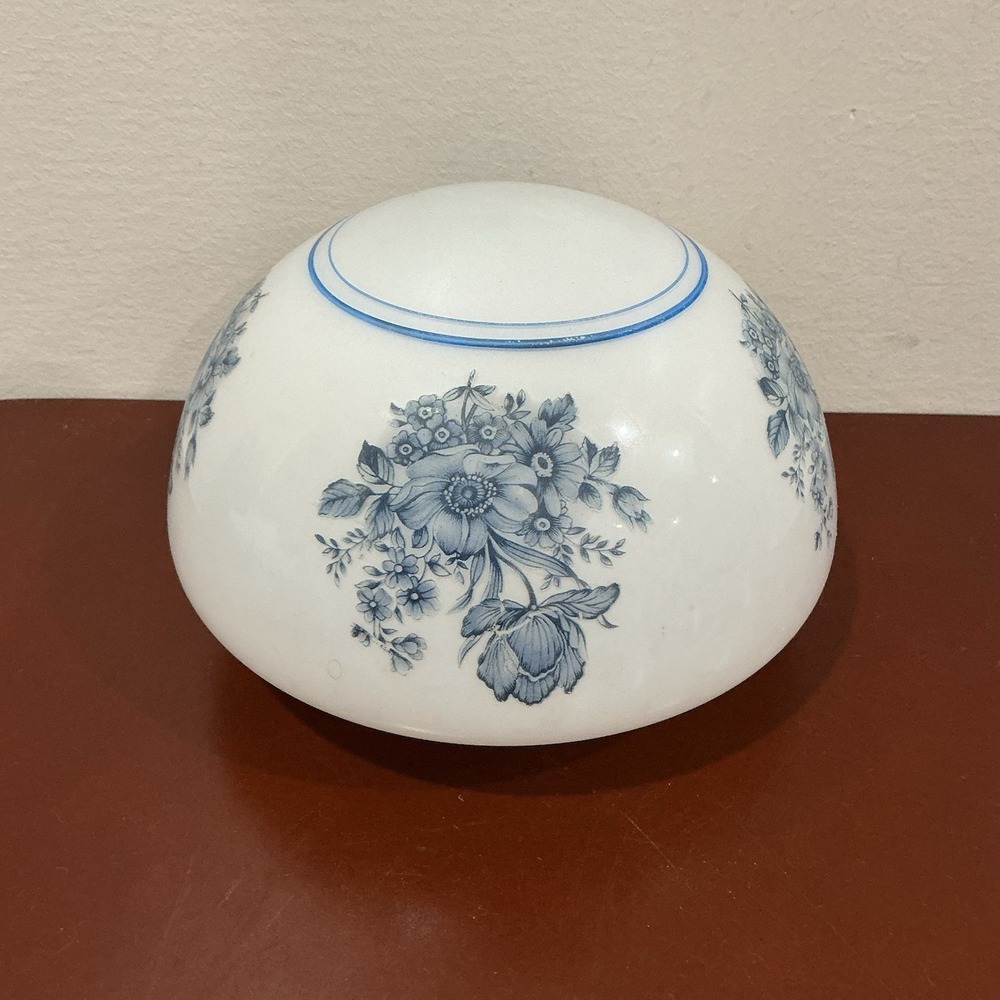 Vintage Milk Glass Ceiling Light Schoolhouse Globe Shade Blue Floral Pattern